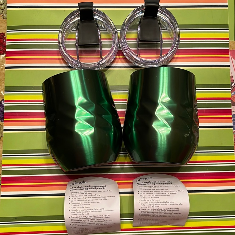New with tags set of 2 PRIMULA green stainless steel 14 oz tumblers with lids